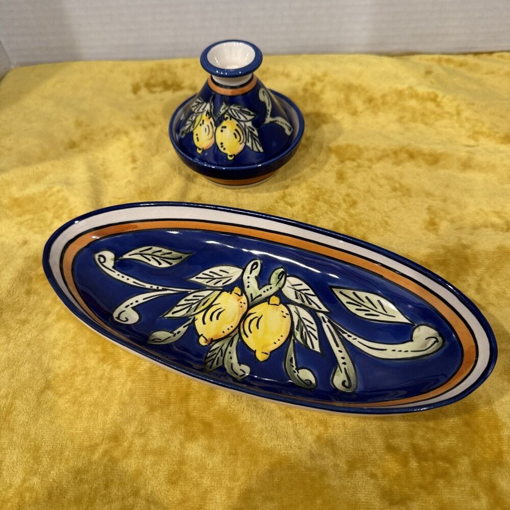 Le Souk Ceramique Ceramic Tunisia Mini Tagine And Oblong Dish Blue With Lemons